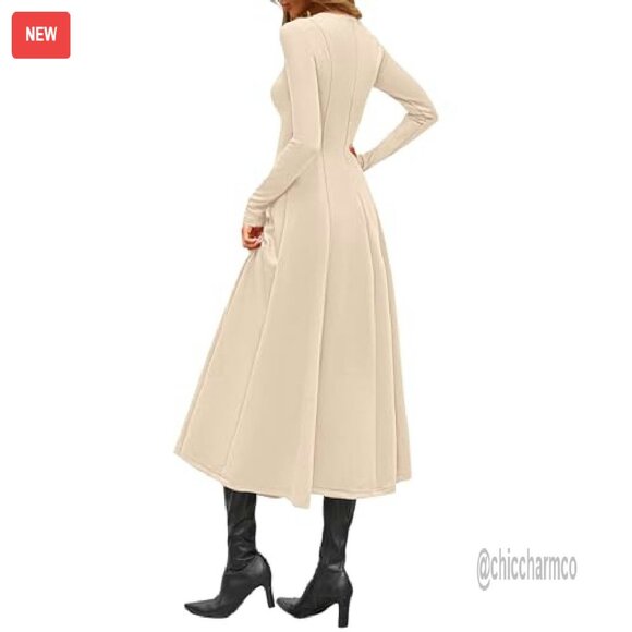 Elegant Long Sleeve Midi Cocktail Dress A-Line Flowy Party Formal - Picture 6 of 8